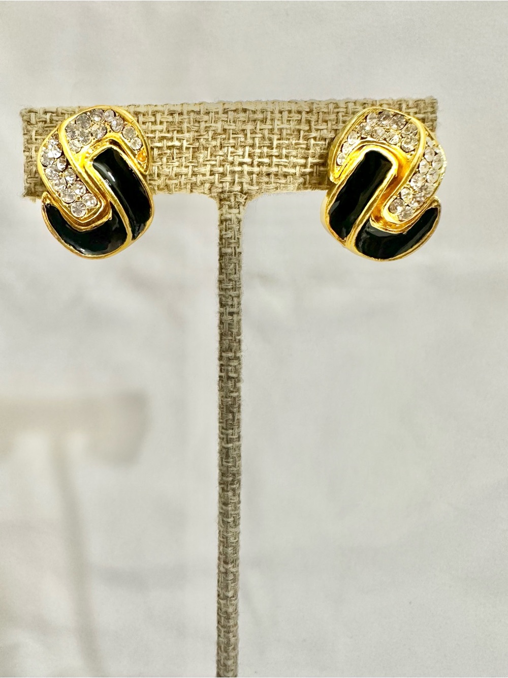 Vintage Gold-Plated Black Enamel & Crystal Knot Clip Earrings